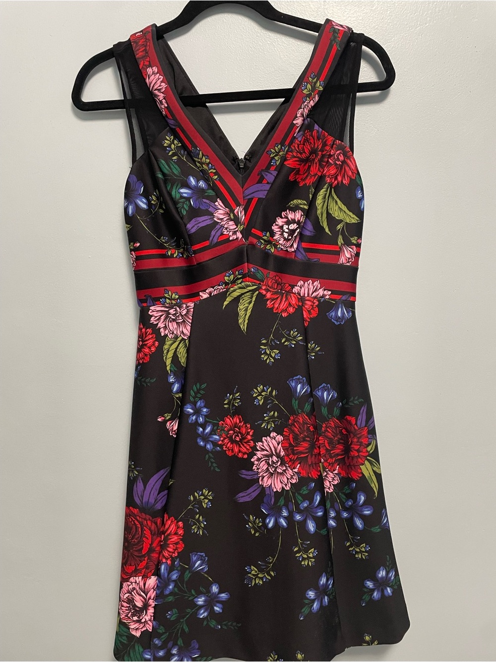 Guess Black Floral Mini Dress with Red Trim